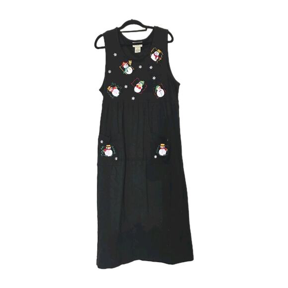 Vtg Christmas Midi Jumper Dress Womens M Black Snowmen Winter Holiday Artsy - Picture 1 of 8